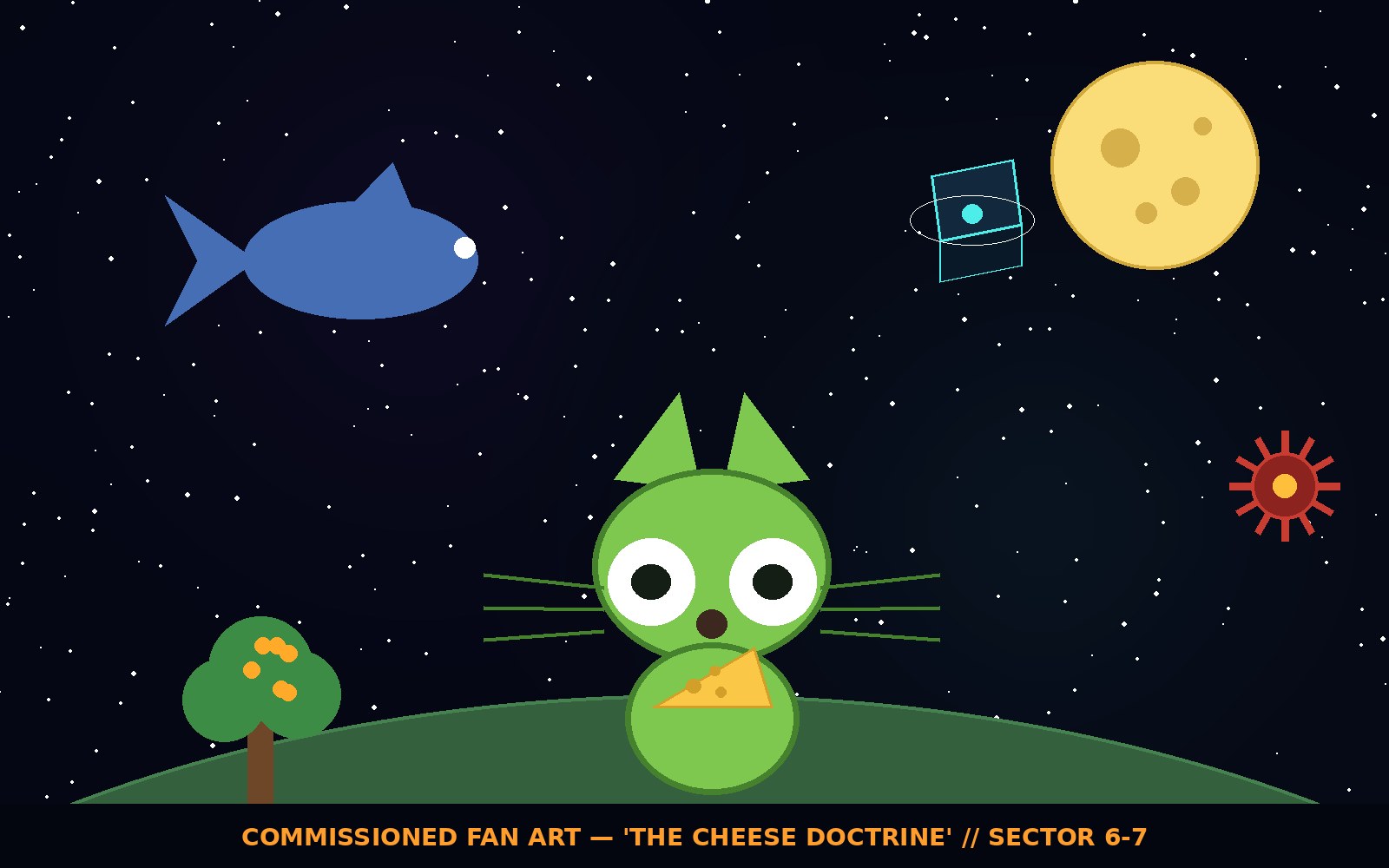 Commissioned fan art: a Gek holding cheese on a planet under a cheese moon, with a space whale and Sentinel